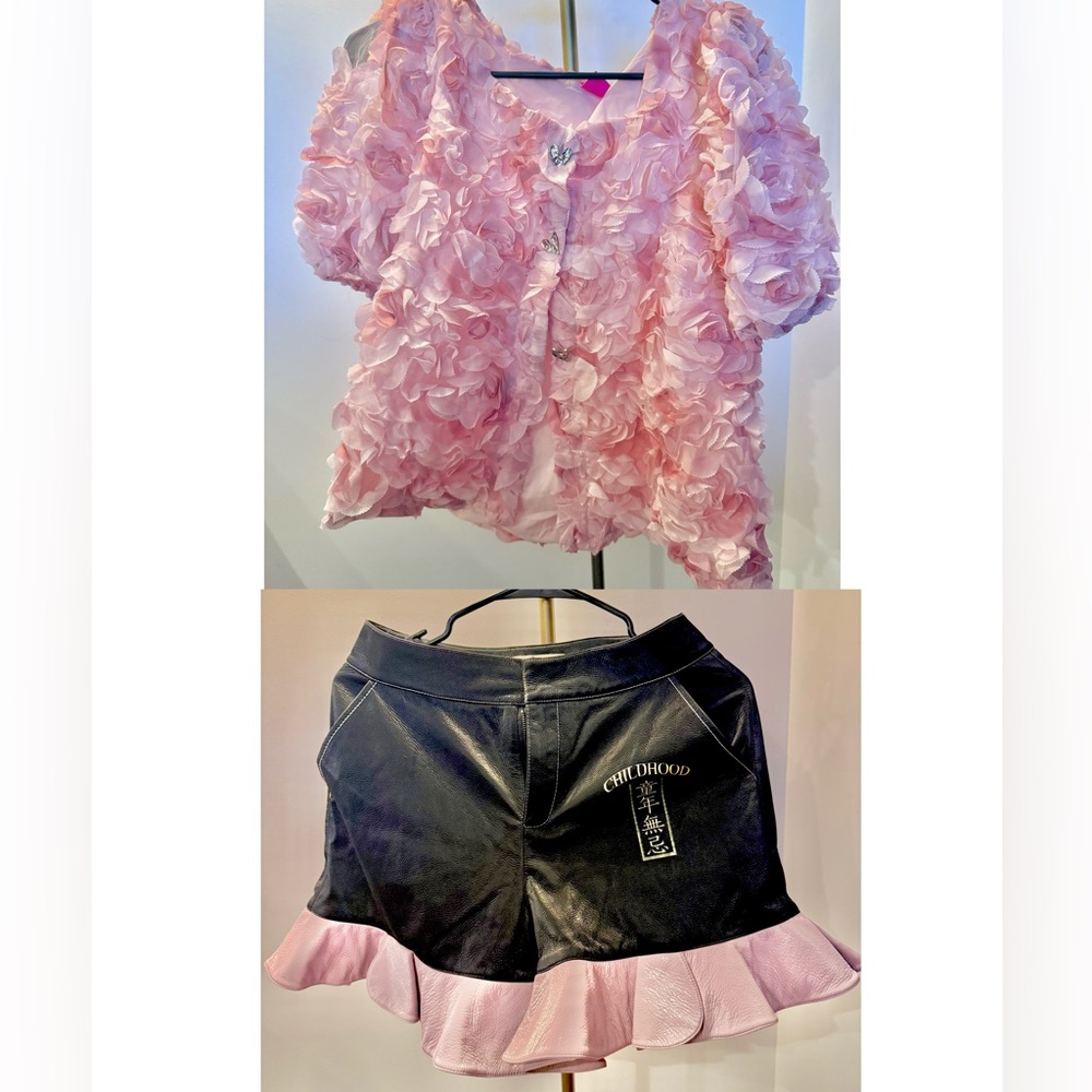 Designer Brand Girly Sweet Pink Floral Short Sleeve Blouse and Black Shorts